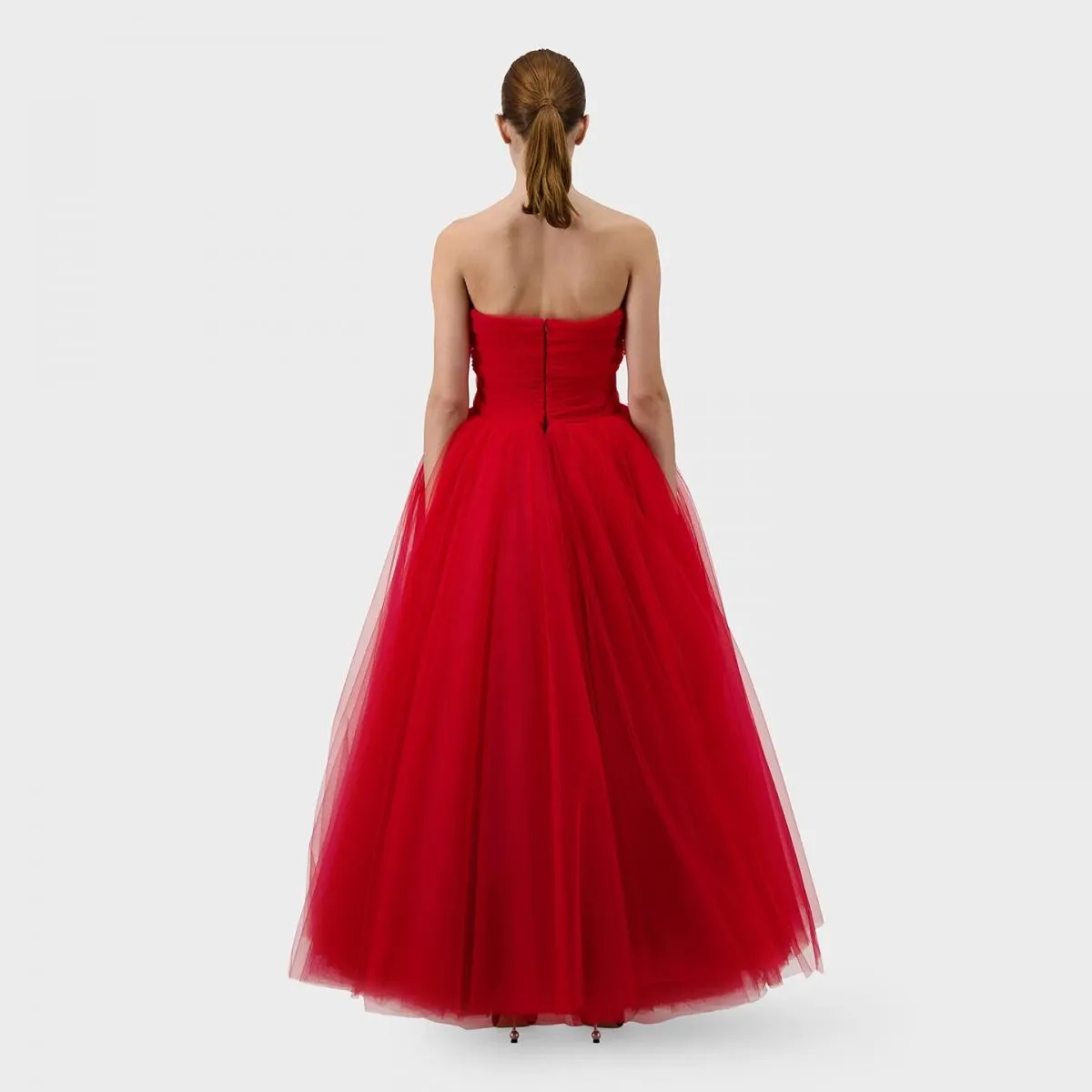 Abito in crêpe rosso e tulle Abito da donna senza spalline Abiti formali semplici Abito da cerimonia nuziale con gonna oversize