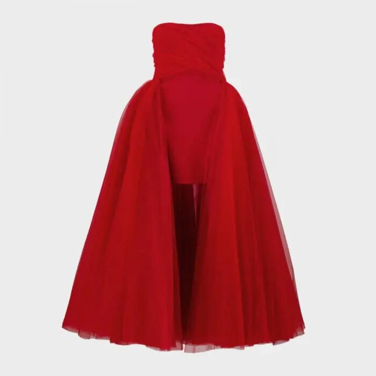 Abito in crêpe rosso e tulle Abito da donna senza spalline Abiti formali semplici Abito da cerimonia nuziale con gonna oversize