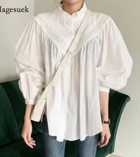 Camicetta vintage oversize da donna Colletto rialzato Chic Pieghettato Camicia casual da donna con maniche a lanterna allentata