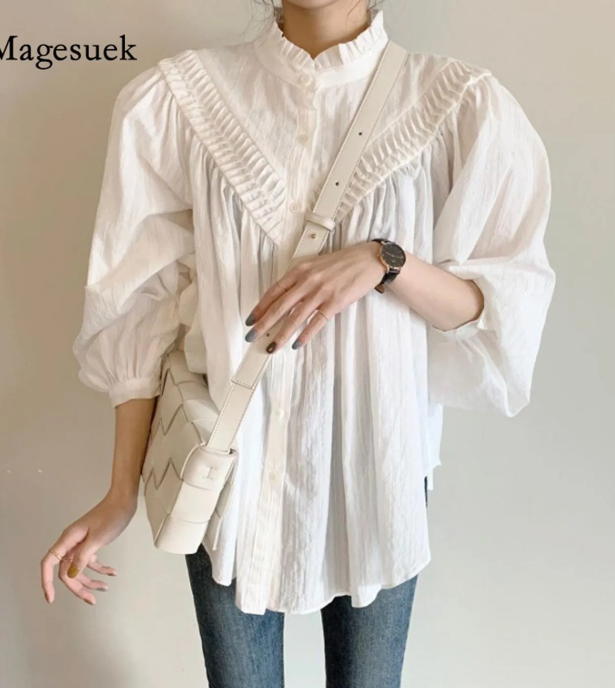 Camicetta vintage oversize da donna Colletto rialzato Chic Pieghettato Camicia casual da donna con maniche a lanterna allentata