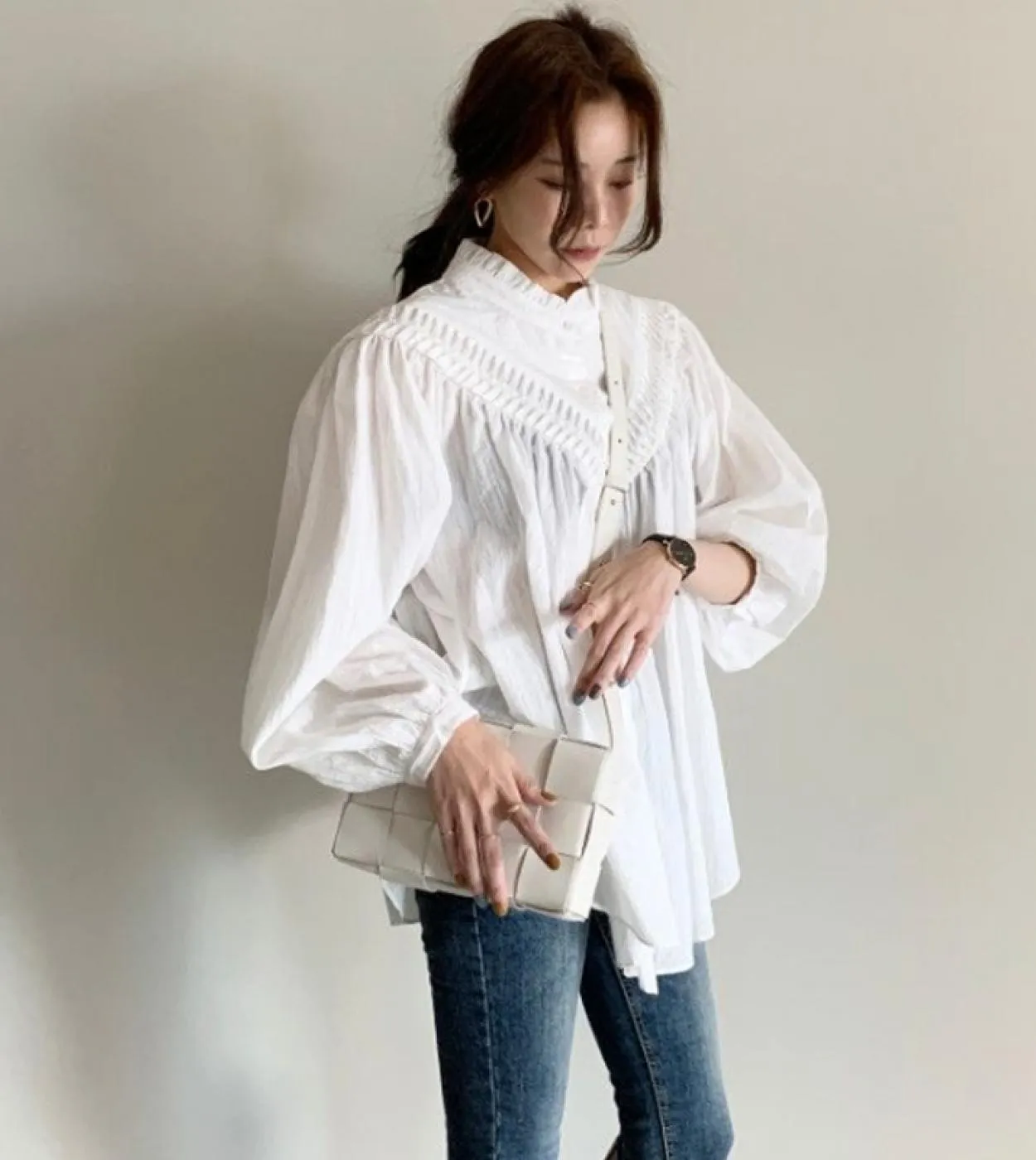 Camicetta vintage oversize da donna Colletto rialzato Chic Pieghettato Camicia casual da donna con maniche a lanterna allentata