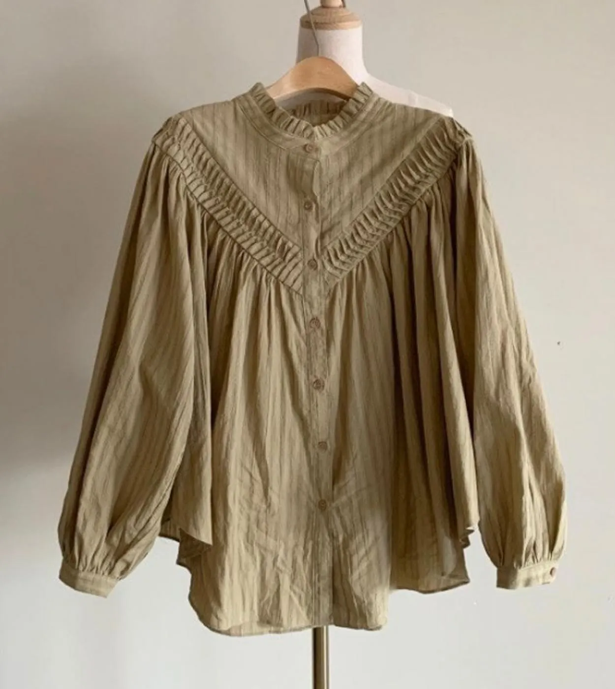 Camicetta vintage oversize da donna Colletto rialzato Chic Pieghettato Camicia casual da donna con maniche a lanterna allentata