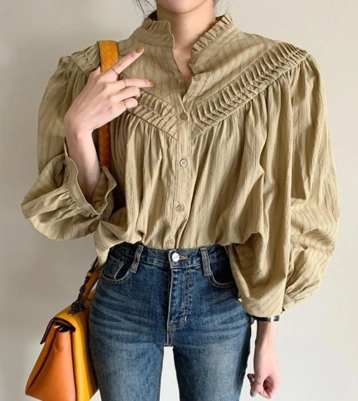 Camicetta vintage oversize da donna Colletto rialzato Chic Pieghettato Camicia casual da donna con maniche a lanterna allentata