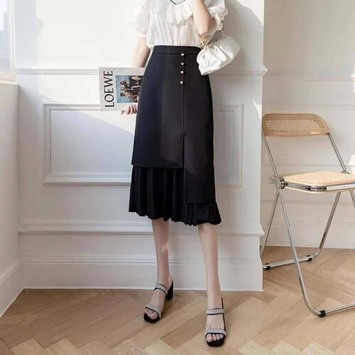 Chic Temperament Slim High Waist Patchwork Black Irregular Pleated Skirts Women Wrap Hip Midi Faldas Mujer Oversize Sol