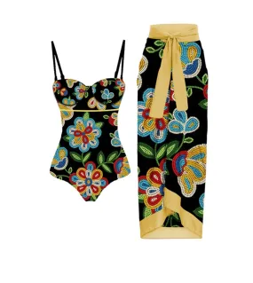 Costume da bagno vintage in patchwork nero e giallo Costume da bagno e gonna da donna Costume da bagno push-up sottile in un pez