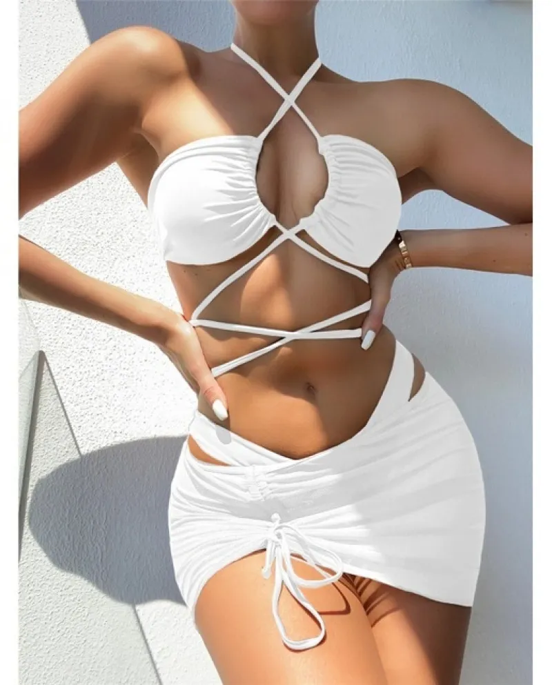 Nuovo costume da bagno a vita alta con lacci micro costume da bagno bikini da donna 3 pezzi bikini con gonna costume da bagno da